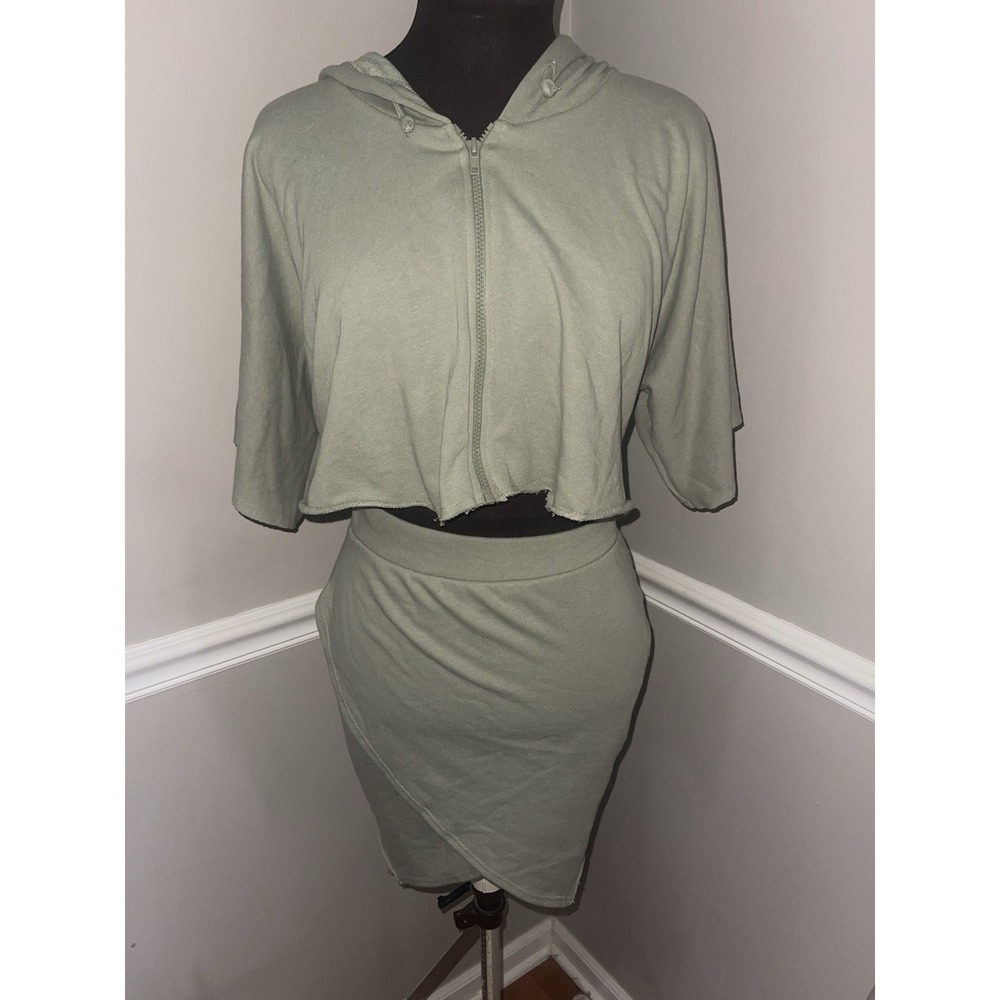 Cherie Los Angeles One Piece Cut‎ Out Hooded Dress Zip Sage Green M